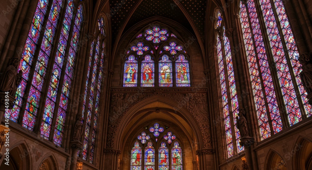 Obraz premium Colorful Stained Glass in Place: Architectural grandeur unfolds with a mesmerizing display of vibrant stained glass windows, casting enchanting hues of light and shadow within a historic church. 