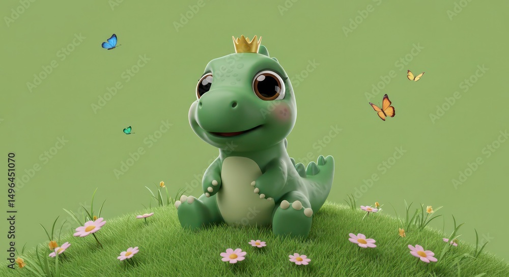 Fototapeta premium Adorable cartoon dinosaur with a crown sitting in a field of daisies