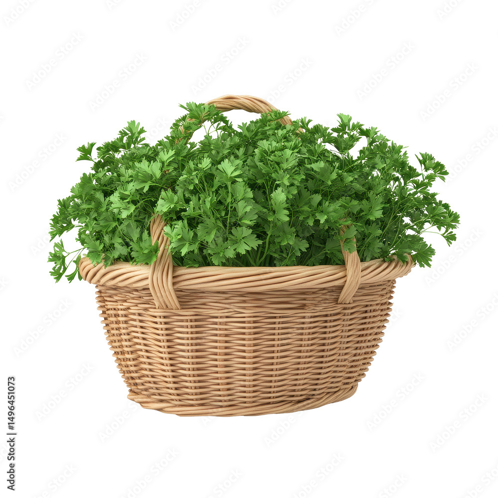 Fresh parsley in a woven basket with vibrant green leaves on a Transparent background, Parsley in basket isolated on PNG background Fresh parsley in a woven basket with vibrant green leaves on a Transparent background, Parsley in basket isolated on PNG background
