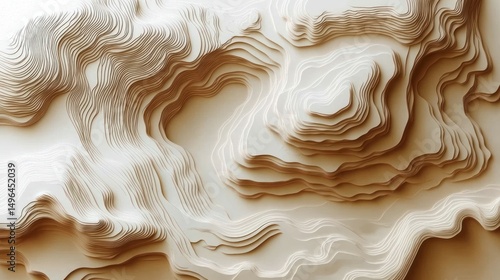 3D topographic map with layered contour lines creating a textured relief landscape in soft neutral beige tones