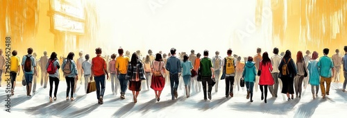 Large diverse crowd of people walking forward casting long shadows with warm light surrounding them on a bright urban street