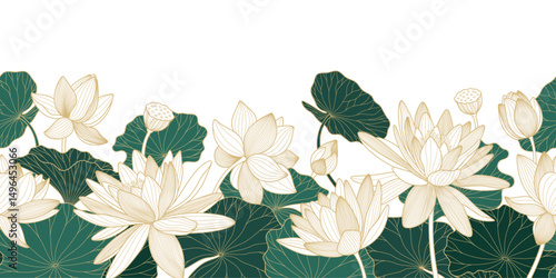 Chinese seamless border with white lotuses and green water lilies. Gold line drawing of lotus flowers and leaves for a luxury prints.