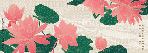 Vector asian poster with pink lotuses, water lilies, waves on pattern background. Luxury banner with line art flowers.