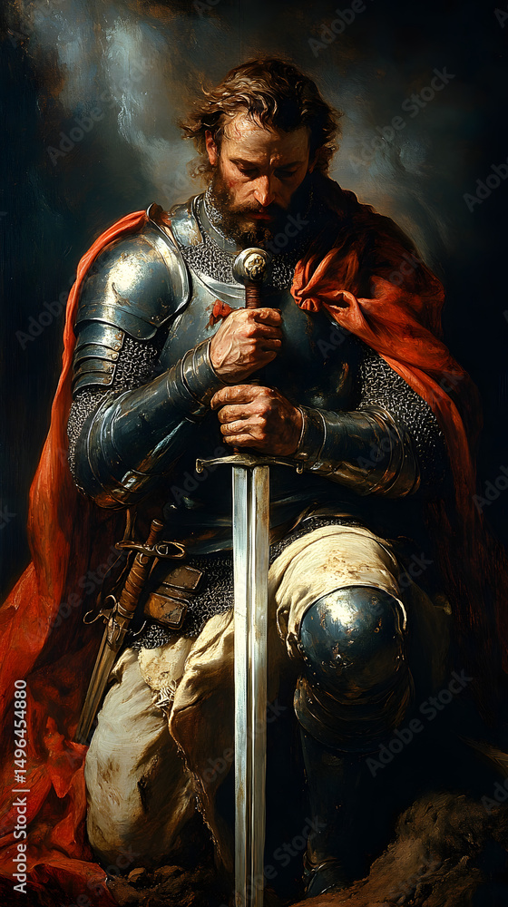 Naklejka premium Valor in Repose: A stoic knight, clad in polished armor and a crimson cloak, kneels in solemn contemplation, his hand resting on the hilt of a formidable sword, a testament to duty, valor.