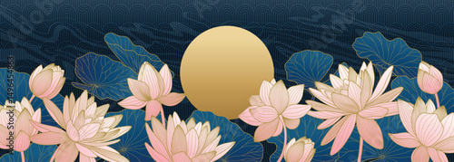 Asian vector background with pink flowers, blue water lilies, pattern, waves and moon. Luxury poster.