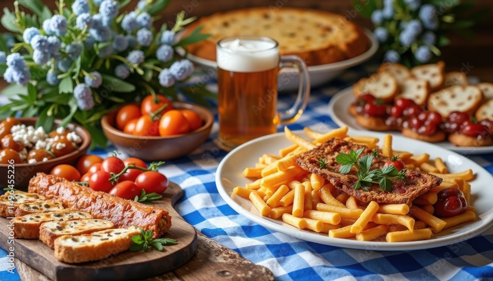 Appetizing food spread showcasing a variety of snacks, dishes, and beer on a blue checkered table. Appetizing food spread showcasing a variety of snacks, dishes, and beer on a blue checkered table.