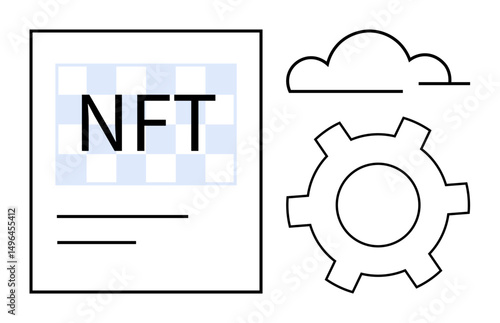 NFT document, gear icon, and cloud symbolizing blockchain, innovation, data storage, and decentralized systems. Ideal for cryptocurrency, blockchain, digital asset fintech technology data clouds
