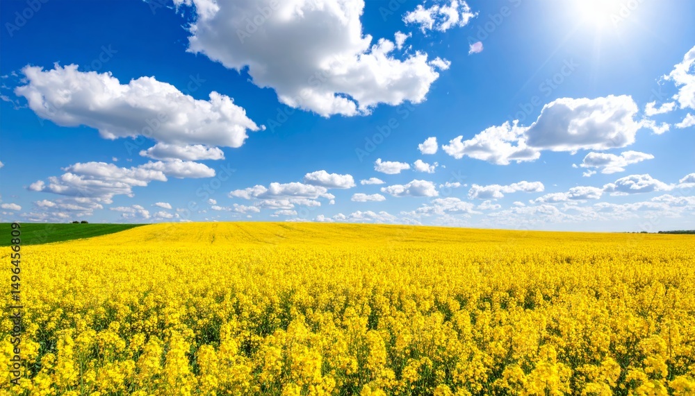 Obraz premium Expansive agricultural landscape featuring vibrant yellow canola or green fields under a blue sky with clouds