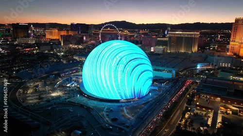 Sunset Las Vegas Sphere In Las Vegas Nevada United States. Las Vegas Skyline Showing Modern Architecture And Festive Scene. Building Town Clouds Sky Illumination Urban. Outdoor Up Above.