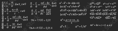 Mathematics formulas set. Hand drawn math algebraic formulas and calculations on chalkboard. School gray board with chalk freehand sketch symbols. Education concept. Isolated vector illustration