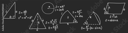 Mathematics formulas set. Hand drawn math geometric formulas and calculations on chalkboard. School gray board with chalk freehand sketch symbols. Education concept. Isolated vector illustration