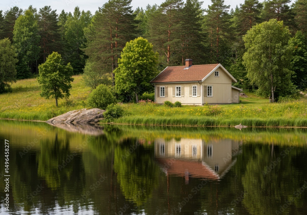 Rustic Lakeside Retreat: A charming wooden house sits nestled on the tranquil banks of a serene lake. Surrounded by lush green trees and nature's embrace. Rustic Lakeside Retreat: A charming wooden house sits nestled on the tranquil banks of a serene lake. Surrounded by lush green trees and nature's embrace.