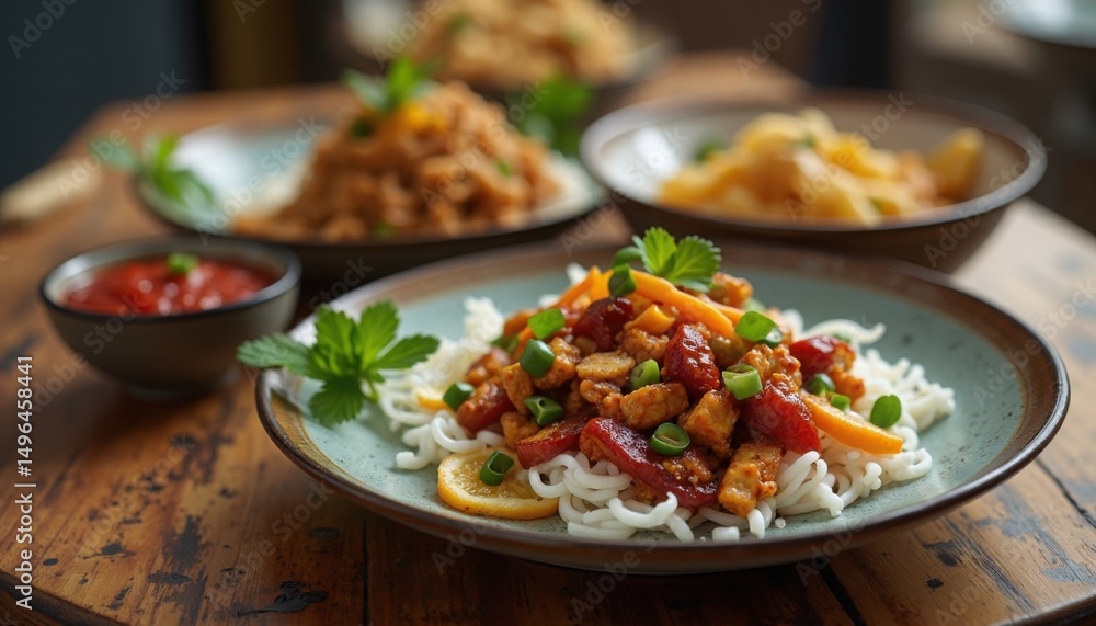 A curated culinary experience showcasing various Asian noodle dishes in a warm, inviting ambiance. A curated culinary experience showcasing various Asian noodle dishes in a warm, inviting ambiance.