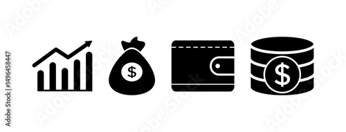 wallet money bag dollar coins growing chart finance business icon set 