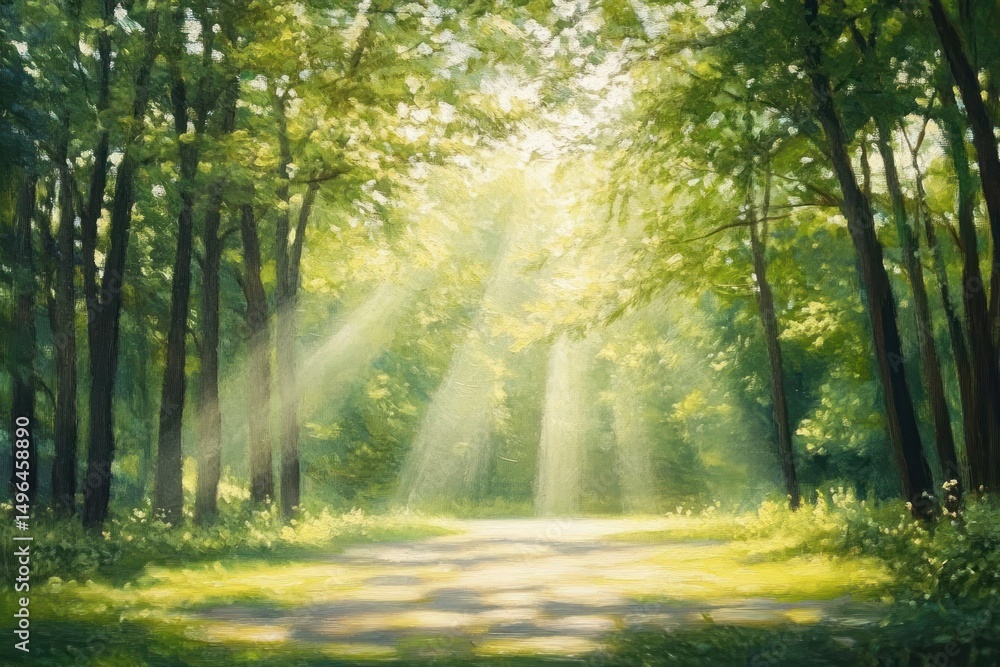 Fototapeta premium Sunlight streaming through tall green trees onto a forest path creating a peaceful and serene atmosphere
