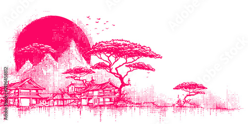 Neon Pink Japanese Landscape with Pagodas, Bonsai Trees and Mountains, Retro Futuristic Vector Art on Black Background