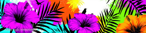 Vibrant Tropical Hibiscus Flowers and Palm Leaves with Birds on Colorful Abstract Background – Summer Nature Art Banner