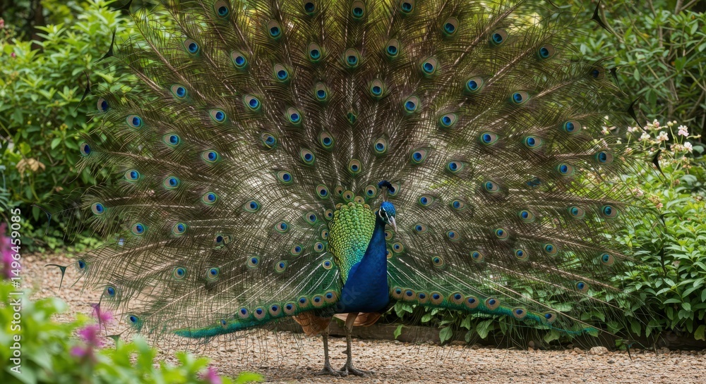 Obraz premium Majestic Peacock in Full Display: Witness the breathtaking splendor of a peacock, its vibrant feathers fanned out in a mesmerizing spectacle of colors.