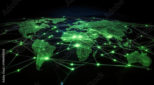 A stylized, glowing green world map depicts a network of interconnected nodes and lines, illustrating global connectivity and data flow against a dark background