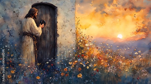 A watercolor painting of Jesus knocking at an old wooden door with an iron handle, twilight sky glowing in the background, surrounded by wildflowers. Created Using: naturalistic palette,