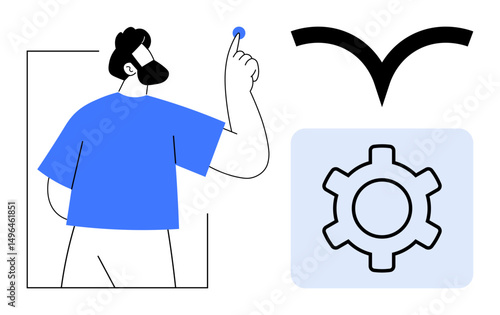 Bearded man interacting with a button, a gear symbol indicating settings, and a flying bird icon symbolizing freedom. Ideal for technology, innovation, control, freedom, creativity, decision-making