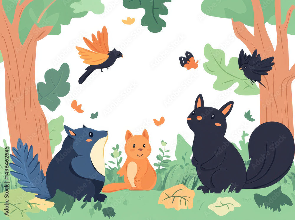 Naklejka premium Cute smiling animals sitting on grass in vibrant forest, surrounded by butterflies and birds, creating joyful atmosphere