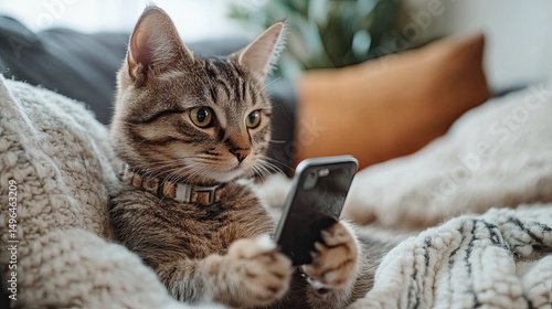 A tabby cat wearing a collar using a smartphone while lying on a blanket on a couch indoors looking serious