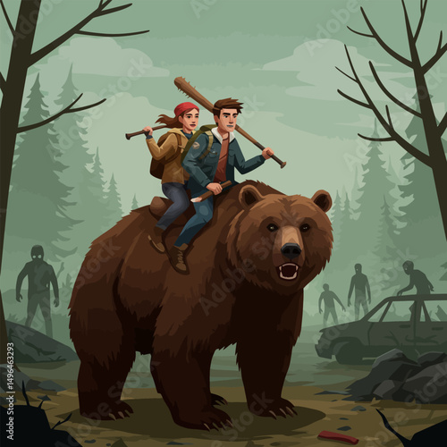 Couple Riding Bear Through Forest with Zombies in Post Apocalyptic World