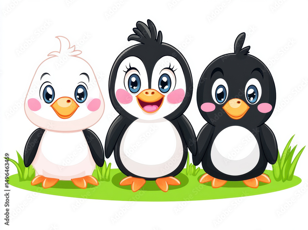 Obraz premium Cute smiling cartoon penguins standing on green grass, showcasing their playful and friendly expressions. These adorable characters are perfect for children illustrations and designs