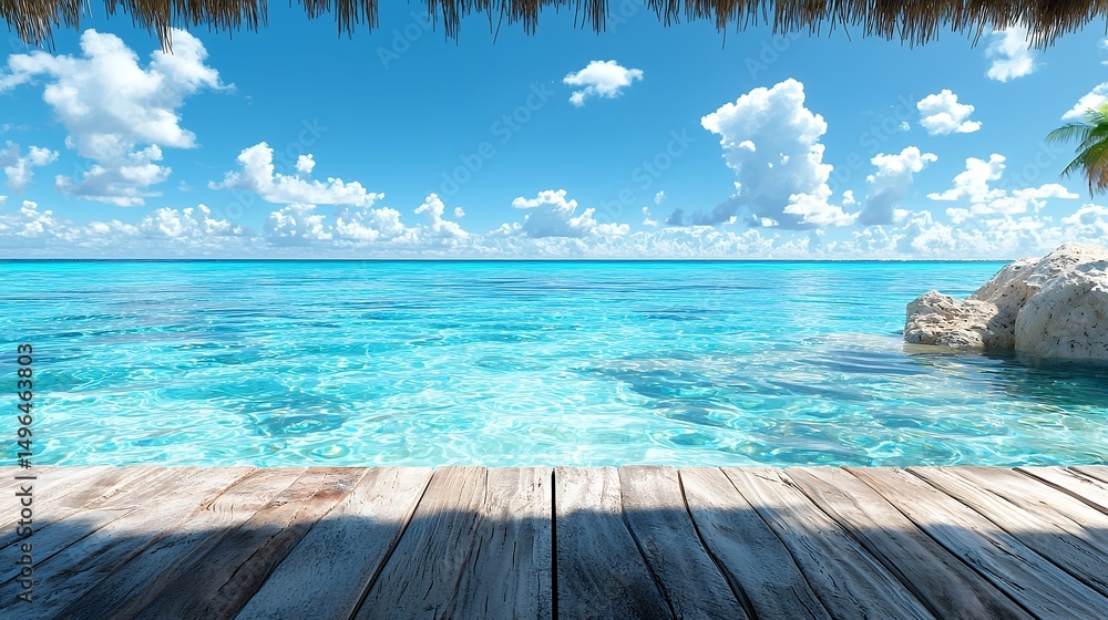 Fototapeta premium Ocean View with Blue Sky and Wooden Deck