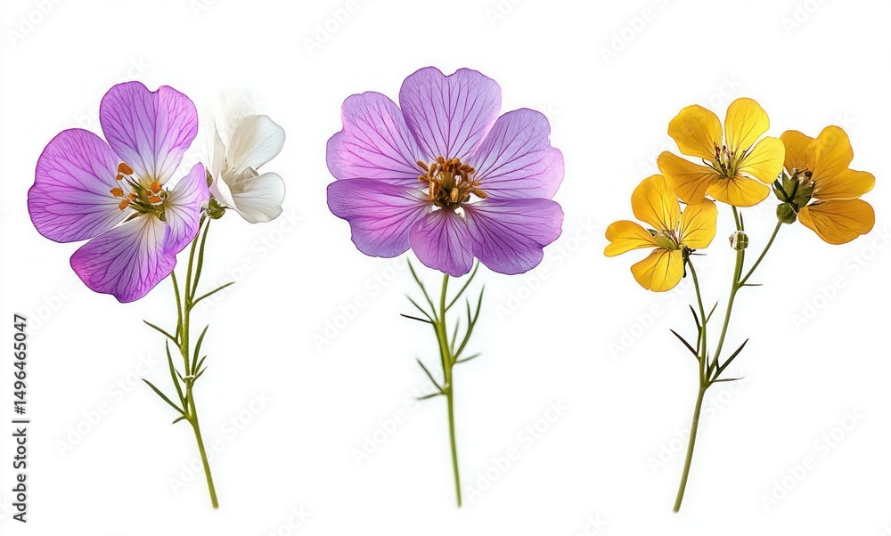 Fototapeta premium Three delicate wildflower stems with vibrant purple, white, and yellow blossoms isolated on a white background showing fine petal and stamen details
