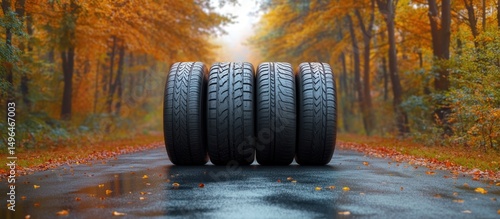 Four car tires standing upright on a wet road surrounded by autumn forest with orange leaves and soft fog in the background