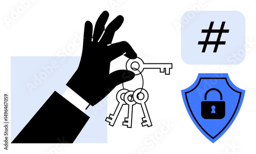 Hand holding keys representing access security shield with lock, and hash symbol symbolizing protection. Ideal for cybersecurity, encryption, data control, password safety, digital security, key