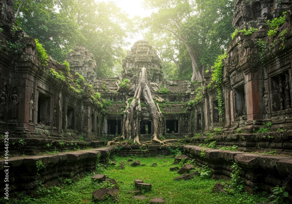 Ancient Temple in the Jungle: An evocative capture of a weathered, historical temple complex nestled within a vibrant jungle, its architecture seamlessly blending with the surrounding lush greenery. Ancient Temple in the Jungle: An evocative capture of a weathered, historical temple complex nestled within a vibrant jungle, its architecture seamlessly blending with the surrounding lush greenery.