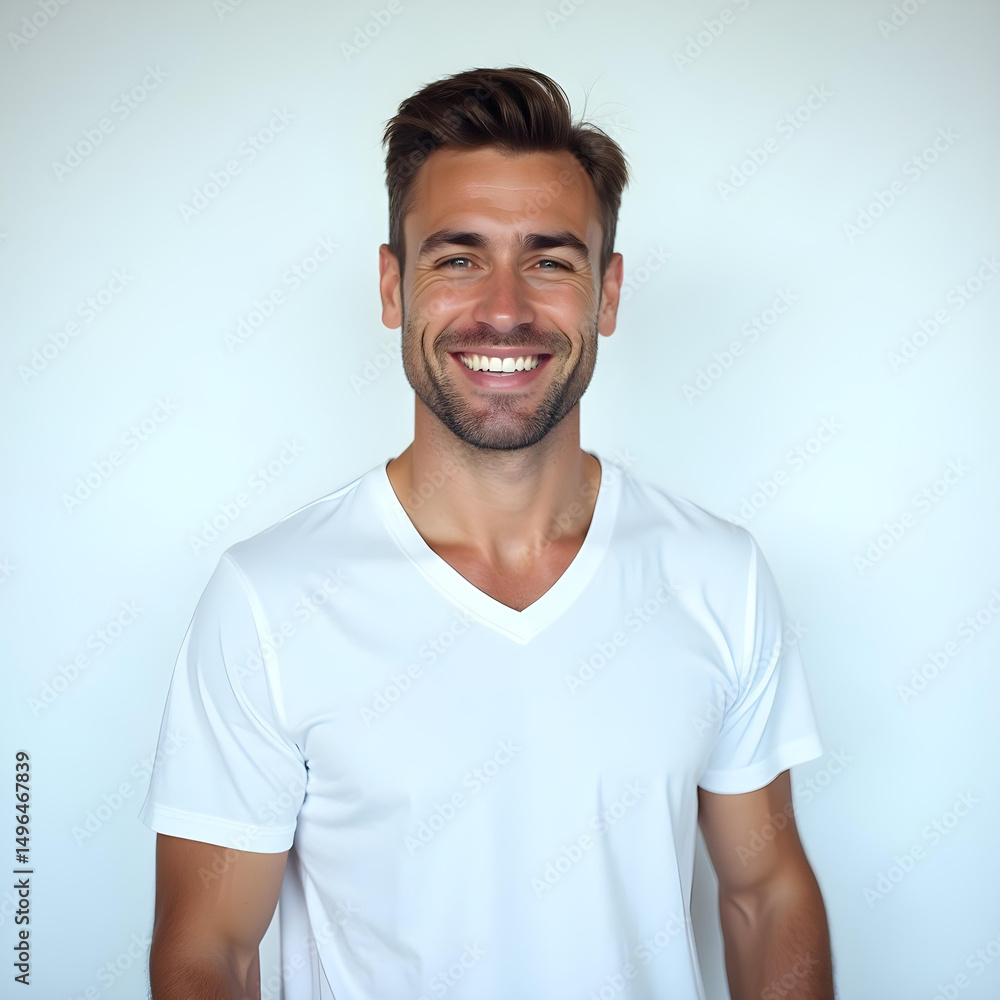 Positive Energy Male Model in White Dry Fit Shirt in Blue Tone Studio Positive Energy Male Model in White Dry Fit Shirt in Blue Tone Studio
