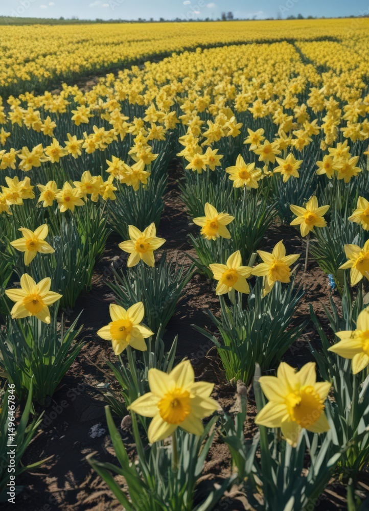 Obraz premium Vast field of daffodils bathed in sunlight, clear blue sky above , clear, blossom, spring