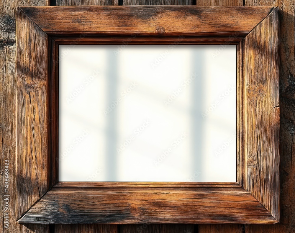 Fototapeta premium Empty wooden photo frame with visible grain texture and warm brown tones casting soft window shadows on a wooden wall background