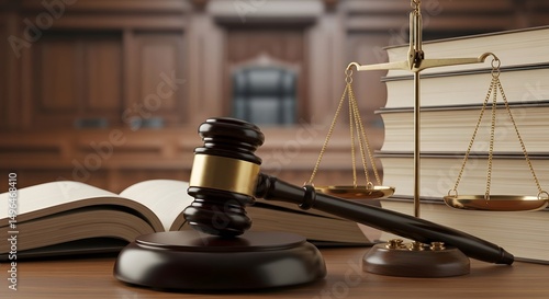 Courtroom Scene Gavel, Scales of Justice, Law Books in Wooden Interior. Justice and Legal Concepts.