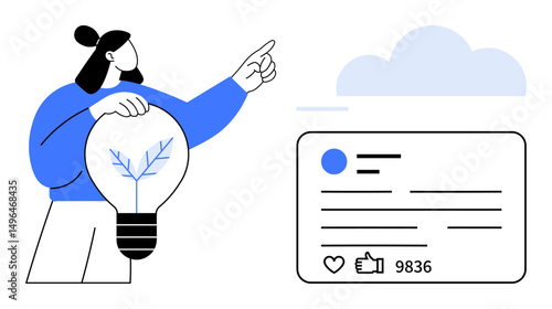 Person holding light bulb with plant inside, pointing upward towards cloud, alongside social media panel with thumbs ups and comments. Ideal for creativity, innovation, social media, branding, online