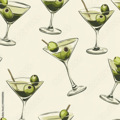 Martini glasses with olives, repeating pattern on pale yellow