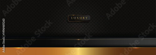 Black gold luxury pattern background, geometric design with border line, horizontal wallpaper, web layout, cover template, elegant modern vector art, handcrafted and not AI generated
