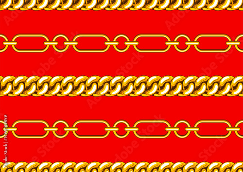 Seamless gold chain pattern on red background. Textile design, jewelry pattern, necklace and bracelet. Luxury fashion illustration fabric and clothing. vector artwork. Not created by AI.