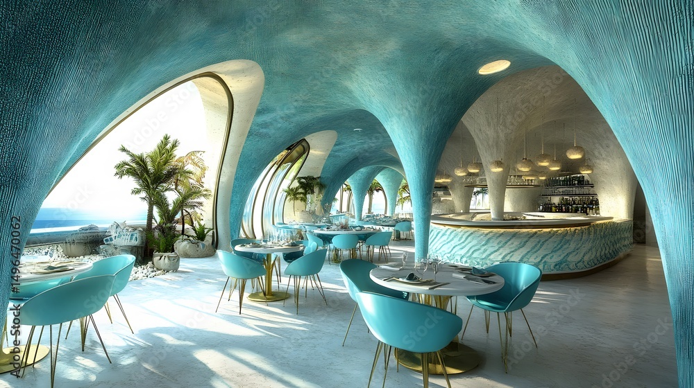 Fototapeta premium Tropical wave themed restaurant with curved architecture and blue accents