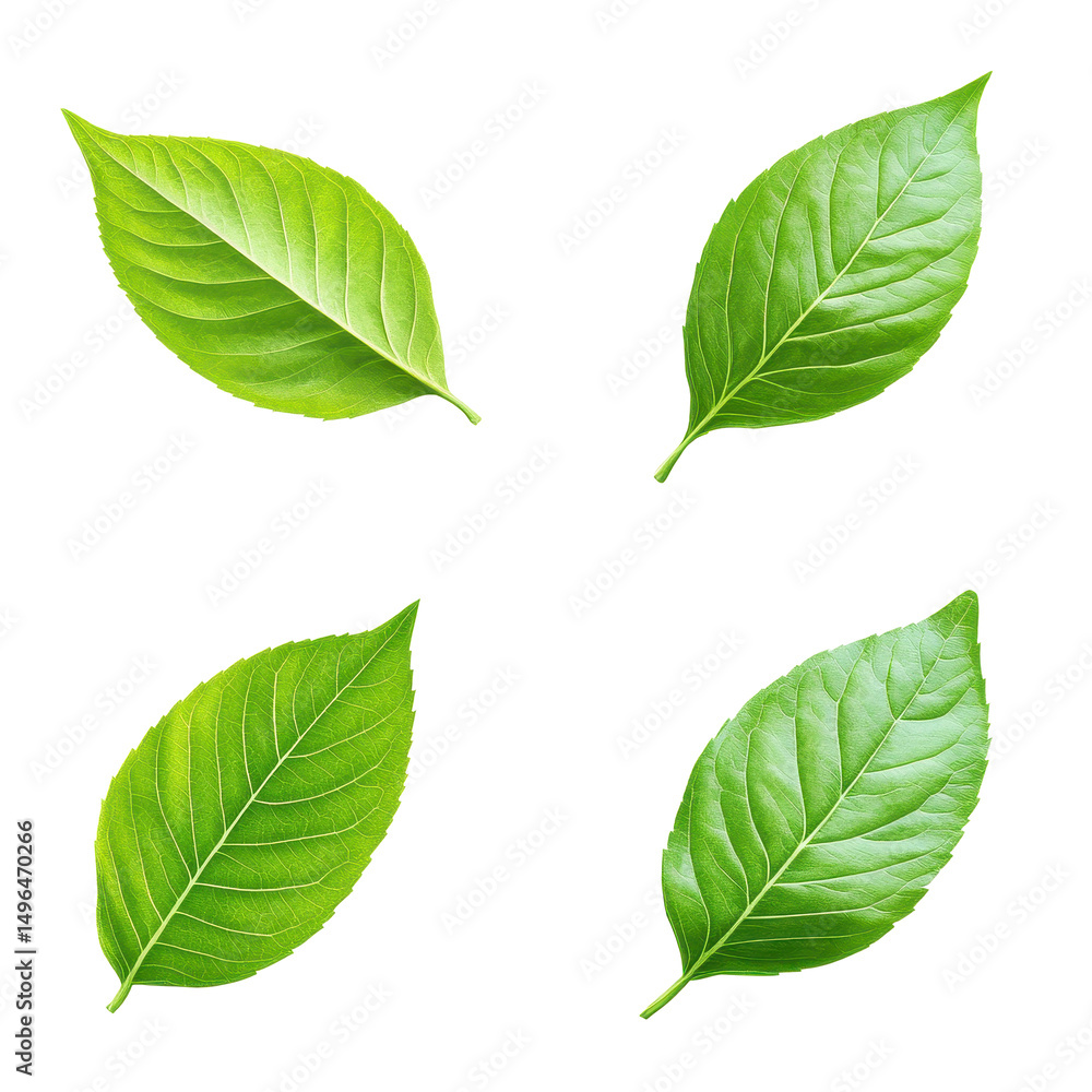 Fototapeta premium Green leaves displayed on a white background showcasing natural beauty and delicate textures, Isolated image green plant leaves on white background