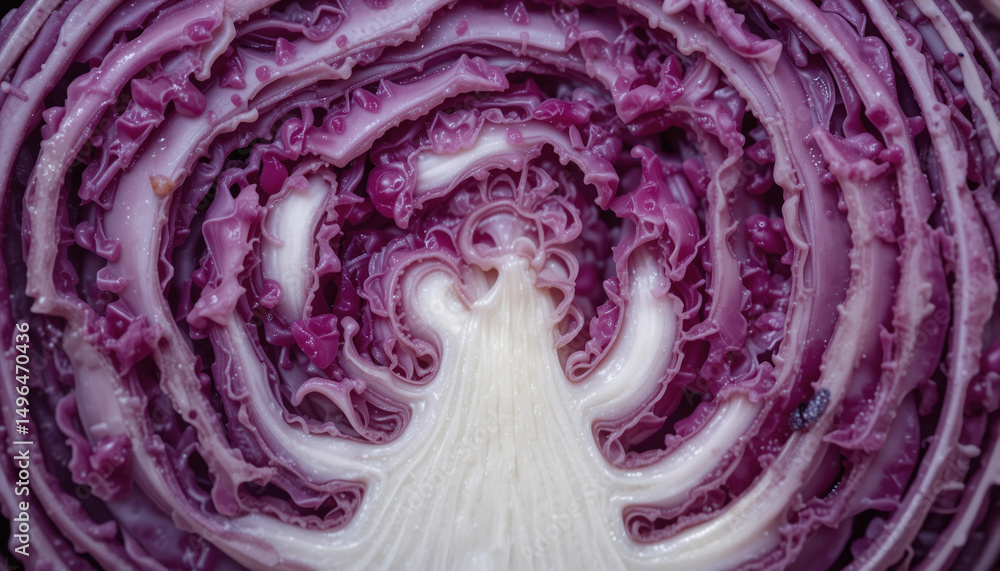 Obraz premium Vibrant Vegetable: A close-up shot reveals the intricate interior of a fresh red cabbage, showcasing its beautiful layers and textures.