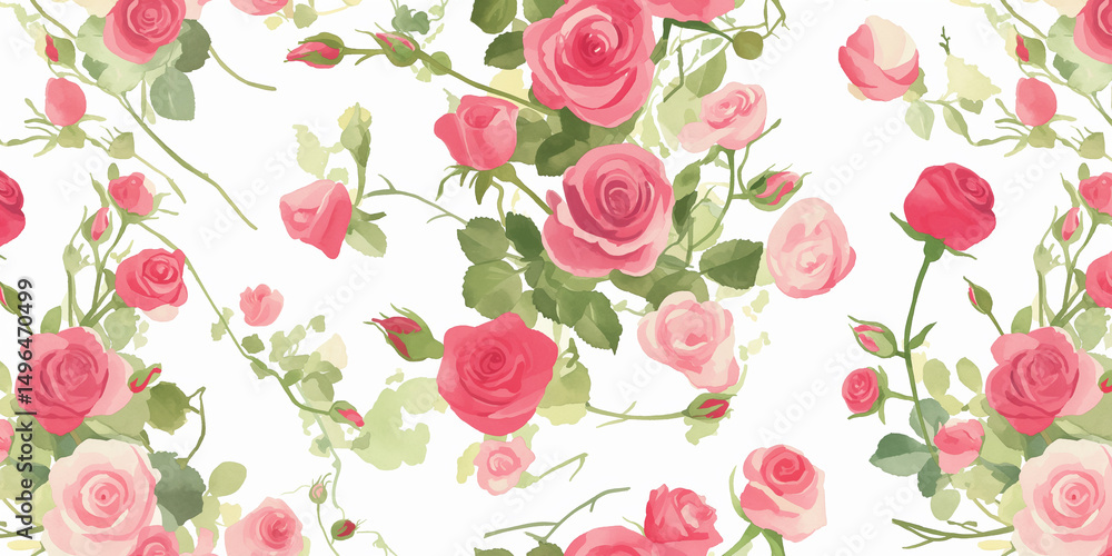 水彩タッチで描かれた優美なバラの花と葉が並ぶ、可憐なフラワーデザインパターン|ロマンチック、自然、春、花束、女性、装飾、アート素材、ペーパーデザイン向け 水彩タッチで描かれた優美なバラの花と葉が並ぶ、可憐なフラワーデザインパターン|ロマンチック、自然、春、花束、女性、装飾、アート素材、ペーパーデザイン向け