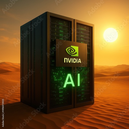 High-tech Nvidia AI data server stands illuminated in glowing green under the desert sun, sunset background and warm tones highlight innovation, future power, and global AI reach, commercial 
