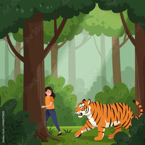 Woman Hiding Behind Tree As Tiger Approaches in Dense Forest