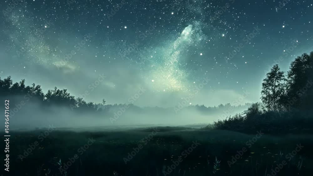 Mystical night scene misty field, starlit sky, trees Mystical night scene misty field, starlit sky, trees