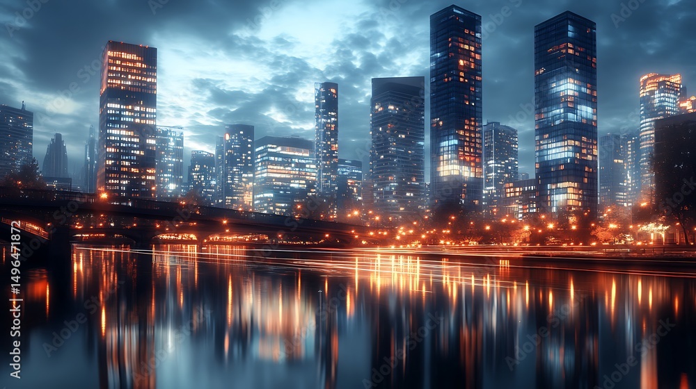 Fototapeta premium A nighttime cityscape reflecting in a river.